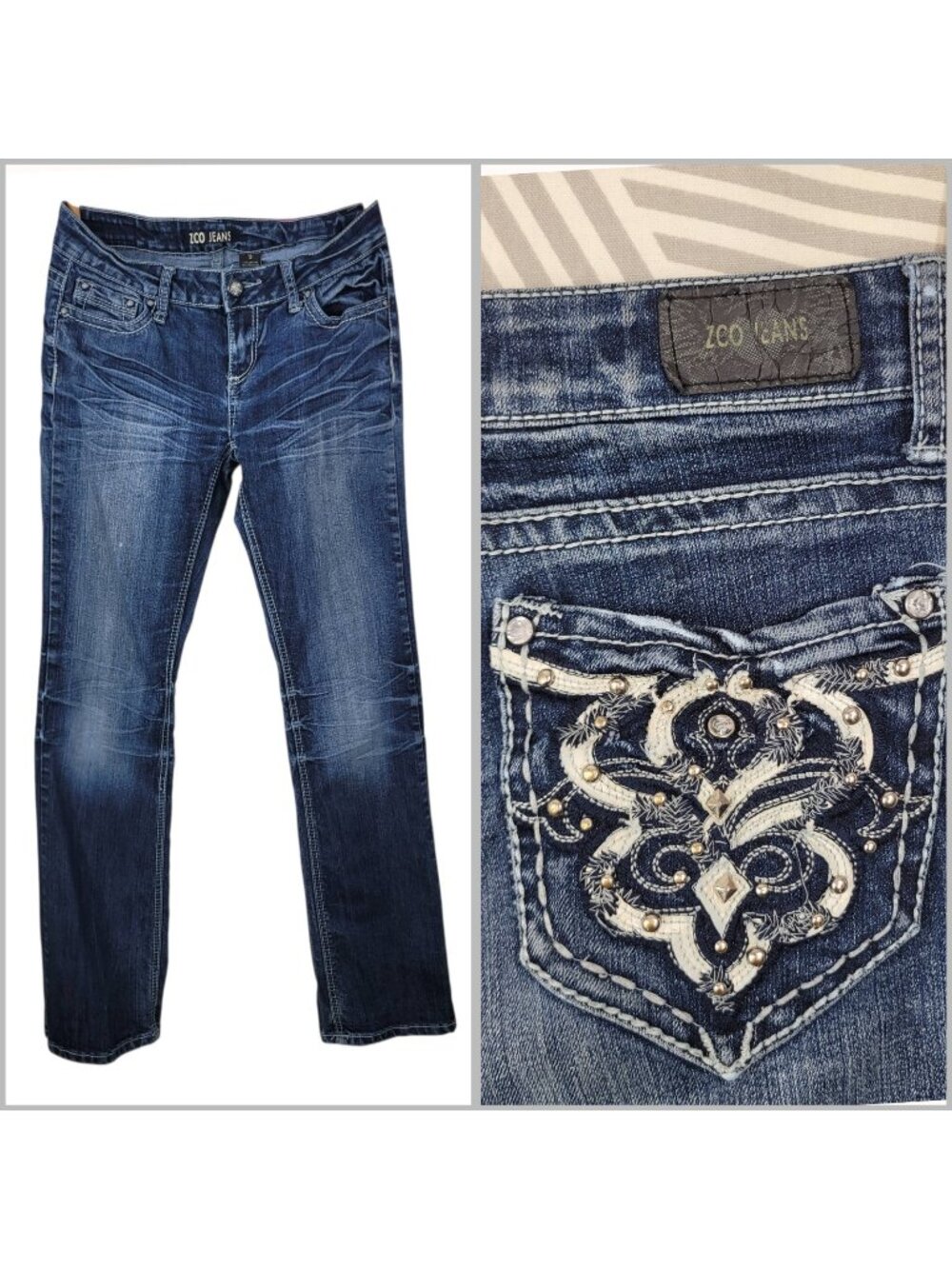ZCO Jeans Size 9 30" Straight Leg Low Rise Fleur De Lis Embroidered Denim